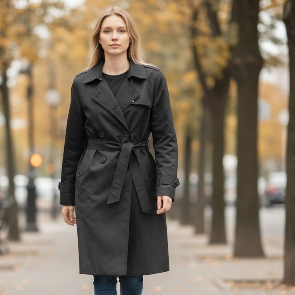 Gallery Trench Coat Womens Medium Black Double Breasted Belted Jacket